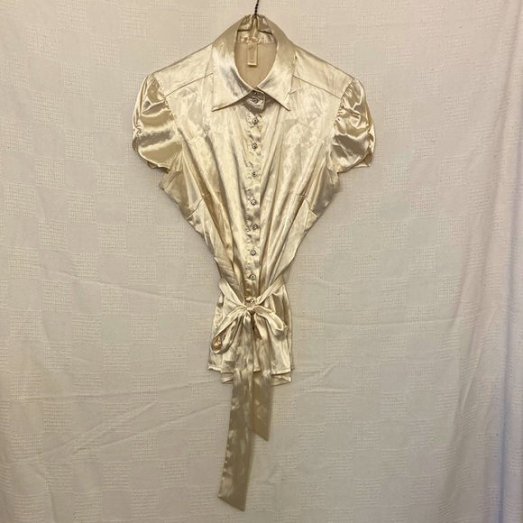 EUC Ambiance Apparel Belted Silky Blouse, Light Champagne Color, size US Medium - Picture 1 of 7